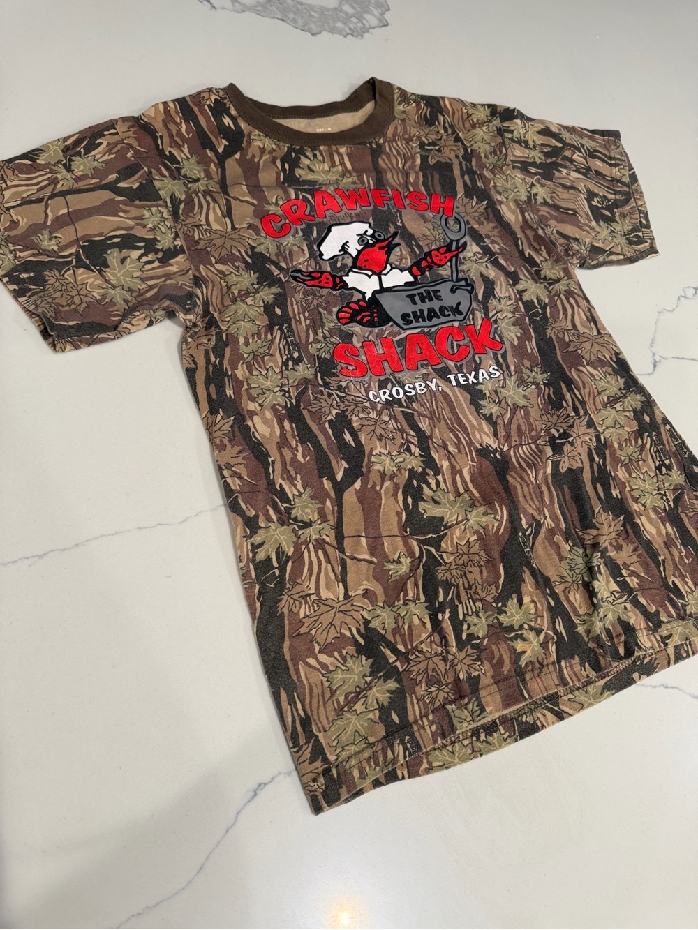 Vintage Short Sleeve Camo Tee with Red Crawfish Graphic